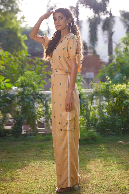 Aapro Beige Modal Bandhej Collared Neck Arizona Shirt And Pant Set Online at Aza Fashions Aapro_Beige Modal Bandhej Collared Neck Arizona Shirt And Pant Set _Online_at_Aza_Fashions