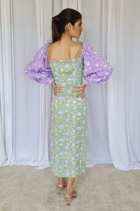 Shop Aapro Multi Color Modal Floral Print Sweetheart Neck Victoria Sheath Dress at Aza Fashions Shop_Aapro_Multi Color Modal Floral Print Sweetheart Neck Victoria Sheath Dress _at_Aza_Fashions