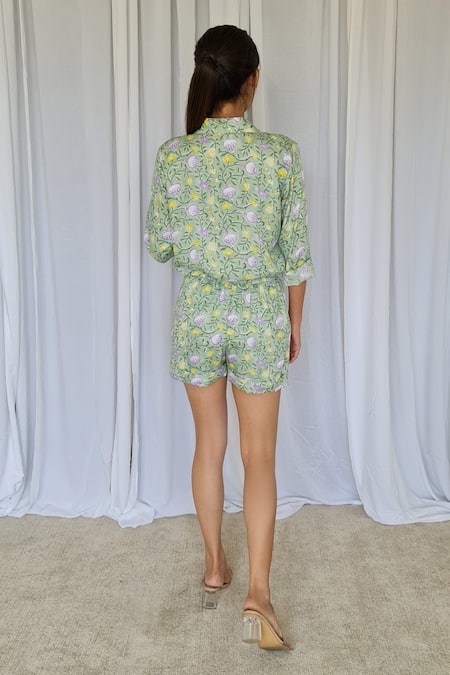 Shop Aapro Green Modal Block Print Spread Collar Cairo Shirt And Shorts Set at Aza Fashions Shop_Aapro_Green Modal Block Print Spread Collar Cairo Shirt And Shorts Set _at_Aza_Fashions