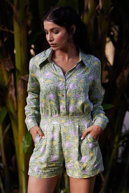 Aapro Green Modal Block Print Spread Collar Cairo Shirt And Shorts Set 