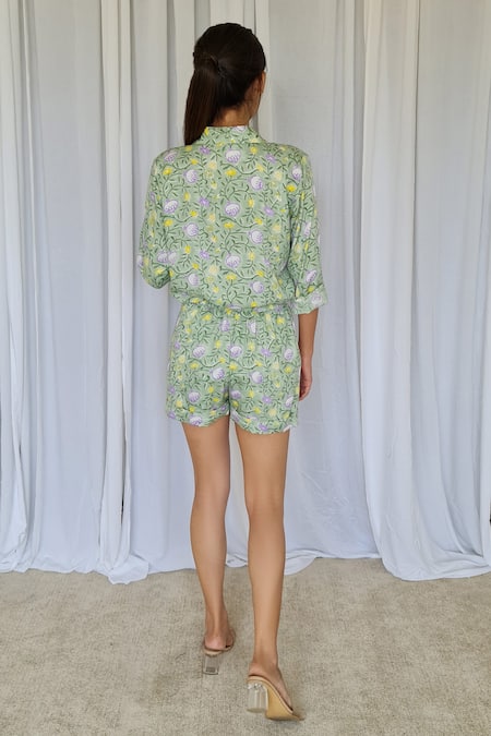 Shop Aapro Yellow Modal Block Print And Bandhej Sweetheart Neck Orlando Shirt & Shorts Set at Aza Fashions Shop_Aapro_Yellow Modal Block Print And Bandhej Sweetheart Neck Orlando Shirt & Shorts Set _at_Aza_Fashions