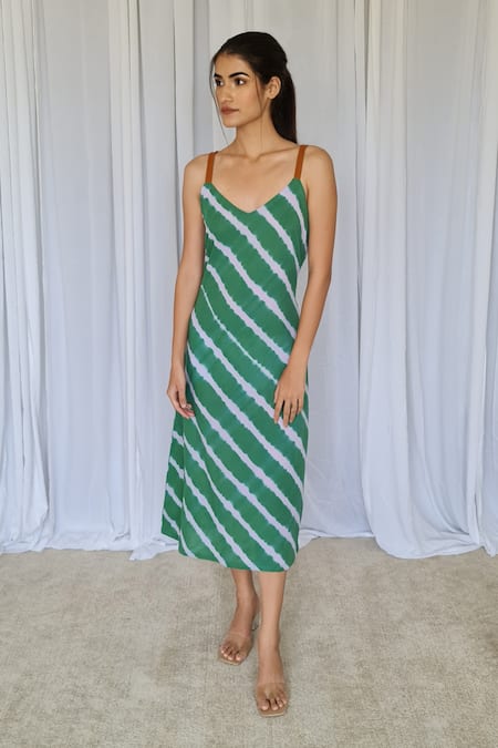 Aapro Green Cotton Leheriya V Neck Mumbai Slip Dress 