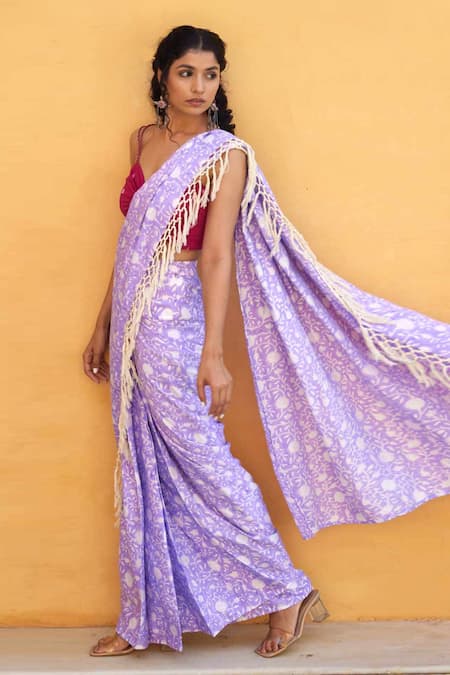 Shop Aapro Purple Modal Bandhej And Floral Kyoto Pre-draped Saree With Blouse at Aza Fashions Shop_Aapro_Purple Modal Bandhej And Floral Kyoto Pre-draped Saree With Blouse _at_Aza_Fashions