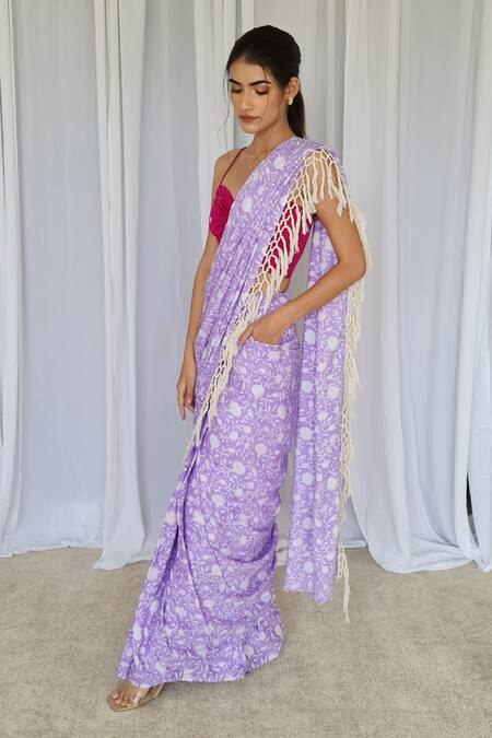 Aapro Purple Modal Bandhej And Floral Kyoto Pre-draped Saree With Blouse Online at Aza Fashions Aapro_Purple Modal Bandhej And Floral Kyoto Pre-draped Saree With Blouse _Online_at_Aza_Fashions