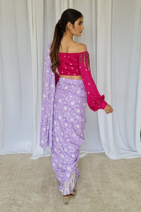 Shop Aapro Purple Modal Bandhej And Floral Bagaan Pre-draped Saree With Blouse at Aza Fashions Shop_Aapro_Purple Modal Bandhej And Floral Bagaan Pre-draped Saree With Blouse _at_Aza_Fashions