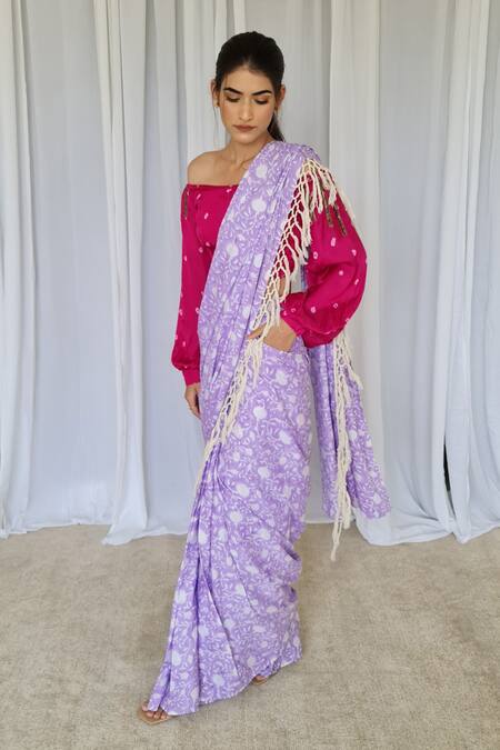 Buy Aapro Purple Modal Bandhej And Floral Bagaan Pre-draped Saree With Blouse Online at Aza Fashions Buy_Aapro_Purple Modal Bandhej And Floral Bagaan Pre-draped Saree With Blouse _Online_at_Aza_Fashions