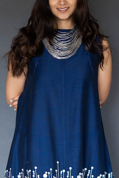 Shop Taika By Poonam Bhagat Blue Cotton Silk Boat Embroidered Dress at Aza Fashions Shop_Taika By Poonam Bhagat_Blue Cotton Silk Boat Embroidered Dress _at_Aza_Fashions