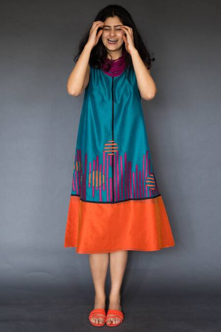 Shop Taika By Poonam Bhagat Blue Chanderi, Voile Round Applique Dress at Aza Fashions Shop_Taika By Poonam Bhagat_Blue Chanderi, Voile Round Applique Dress _at_Aza_Fashions