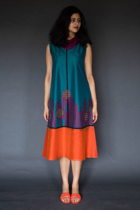 Taika By Poonam Bhagat Blue Chanderi, Voile Round Applique Dress Online at Aza Fashions Taika By Poonam Bhagat_Blue Chanderi, Voile Round Applique Dress _Online_at_Aza_Fashions