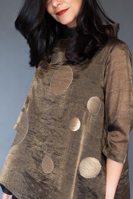 Taika By Poonam Bhagat_Brown Chanderi Tissue High Neck Embroidered Top  _Online_at_Aza_Fashions