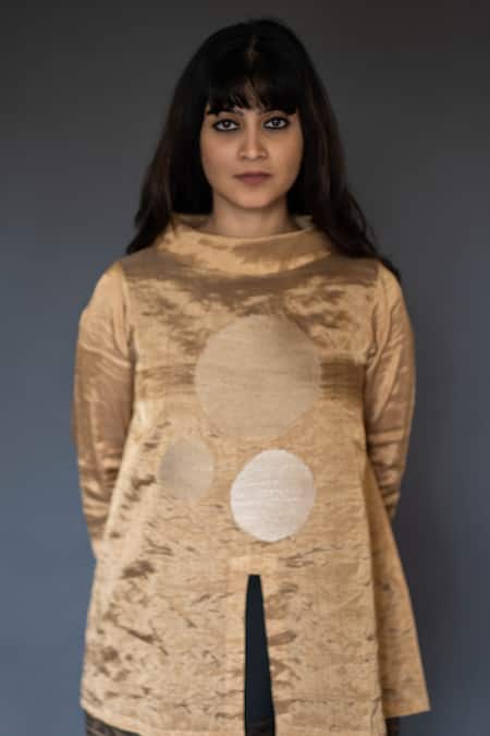 Shop Taika By Poonam Bhagat Gold Chanderi Tissue High Neck Polka Dot Top With Inner at Aza Fashions Shop_Taika By Poonam Bhagat_Gold Chanderi Tissue High Neck Polka Dot Top With Inner _at_Aza_Fashions