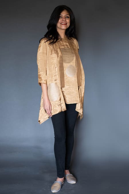 Shop Taika By Poonam Bhagat Gold Cotton Silk, Chanderi Tissue Round Jacket With Top at Aza Fashions Shop_Taika By Poonam Bhagat_Gold Cotton Silk, Chanderi Tissue Round Jacket With Top _at_Aza_Fashions