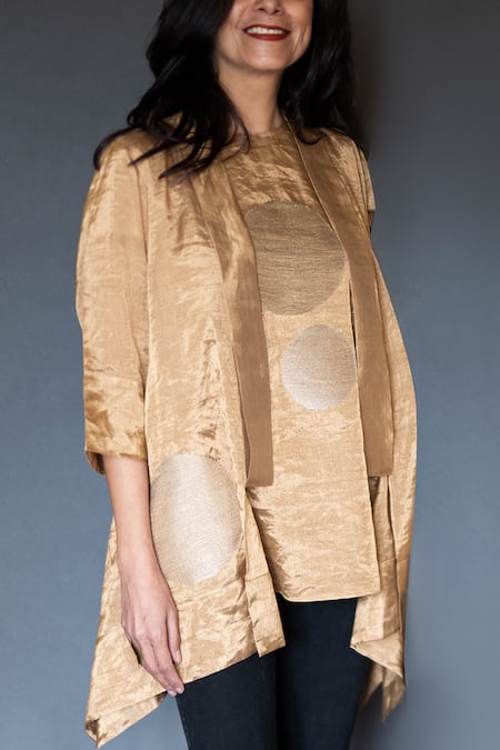Taika By Poonam Bhagat Gold Cotton Silk, Chanderi Tissue Round Jacket With Top Online at Aza Fashions Taika By Poonam Bhagat_Gold Cotton Silk, Chanderi Tissue Round Jacket With Top _Online_at_Aza_Fashions