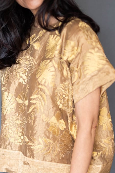 Shop Taika By Poonam Bhagat Gold Chanderi Tissue Round Embroidered Top at Aza Fashions Shop_Taika By Poonam Bhagat_Gold Chanderi Tissue Round Embroidered Top _at_Aza_Fashions