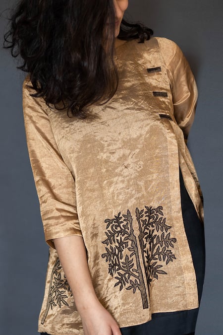 Shop Taika By Poonam Bhagat Gold Cotton Silk, Chanderi Tissue Round Embroidered Top at Aza Fashions Shop_Taika By Poonam Bhagat_Gold Cotton Silk, Chanderi Tissue Round Embroidered Top _at_Aza_Fashions