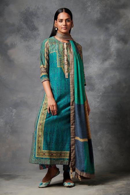 Buy Saundh Blue Kurta Bemberg Chennai Silk Printed And Embroidered Geometric Alaay Set Online at Aza Fashions Buy_Saundh_Blue Kurta Bemberg Chennai Silk Printed And Embroidered Geometric Alaay Set _Online_at_Aza_Fashions