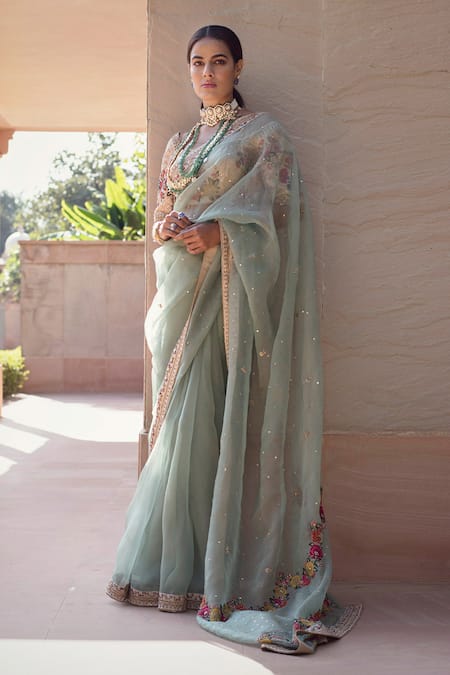 Shop Sahil Kochhar Green Organza Blouse Raw U Neck Ayaana Saree Set at Aza Fashions Shop_Sahil Kochhar_Green Organza Blouse Raw U Neck Ayaana Saree Set _at_Aza_Fashions