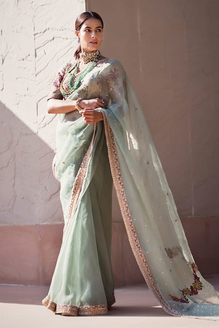 Sahil Kochhar Green Organza Blouse Raw U Neck Ayaana Saree Set