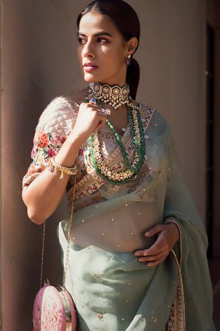 Sahil Kochhar Green Organza Blouse Raw U Neck Ayaana Saree Set Online at Aza Fashions Sahil Kochhar_Green Organza Blouse Raw U Neck Ayaana Saree Set _Online_at_Aza_Fashions
