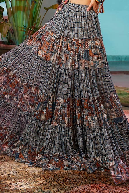 Diyarajvvir_Multi Color Georgette, Cotton Silk Tile Print Sweetheart Neck Tiered Skirt Set _Online_at_Aza_Fashions