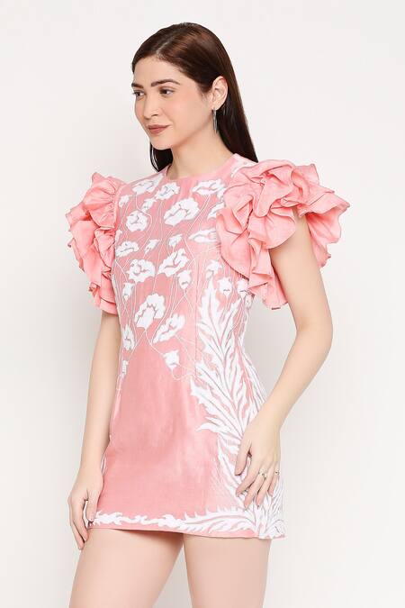 Buy Neha Gursahani Pink Chanderi Round Embroidered Dress With Ruffle Sleeves Online at Aza Fashions Buy_Neha Gursahani_Pink Chanderi Round Embroidered Dress With Ruffle Sleeves _Online_at_Aza_Fashions