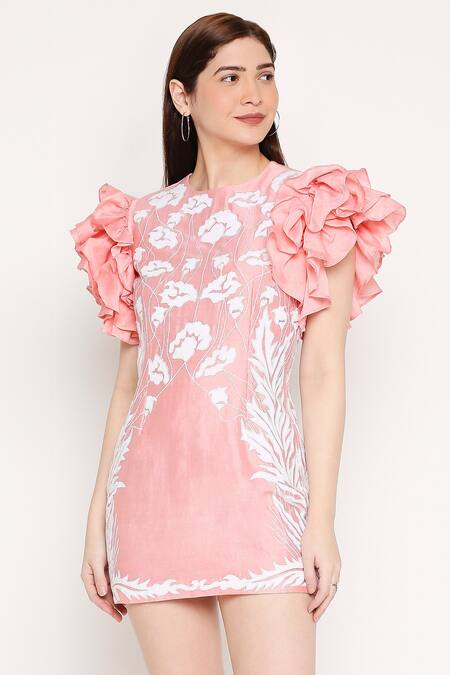 Shop Neha Gursahani Pink Chanderi Round Embroidered Dress With Ruffle Sleeves Online at Aza Fashions Shop_Neha Gursahani_Pink Chanderi Round Embroidered Dress With Ruffle Sleeves _Online_at_Aza_Fashions