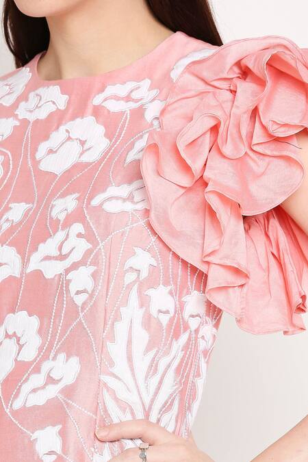 Neha Gursahani Pink Chanderi Round Embroidered Dress With Ruffle Sleeves at Aza Fashions Neha Gursahani_Pink Chanderi Round Embroidered Dress With Ruffle Sleeves _at_Aza_Fashions