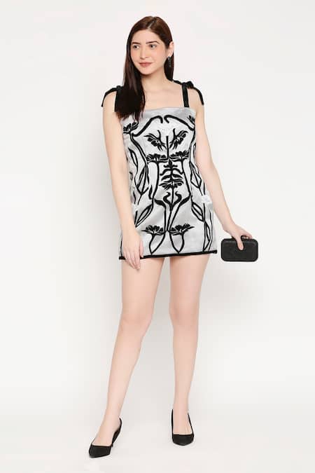 Neha Gursahani Silver Organza Square Neck Embroidered Tie-up Dress Online at Aza Fashions Neha Gursahani_Silver Organza Square Neck Embroidered Tie-up Dress _Online_at_Aza_Fashions