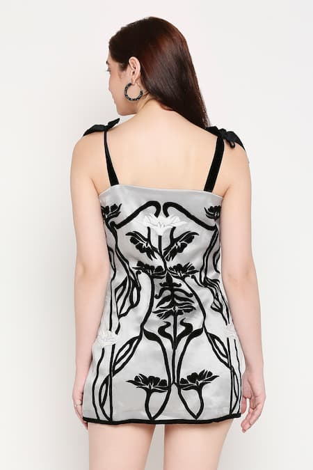 Shop Neha Gursahani Silver Organza Square Neck Embroidered Tie-up Dress at Aza Fashions Shop_Neha Gursahani_Silver Organza Square Neck Embroidered Tie-up Dress _at_Aza_Fashions