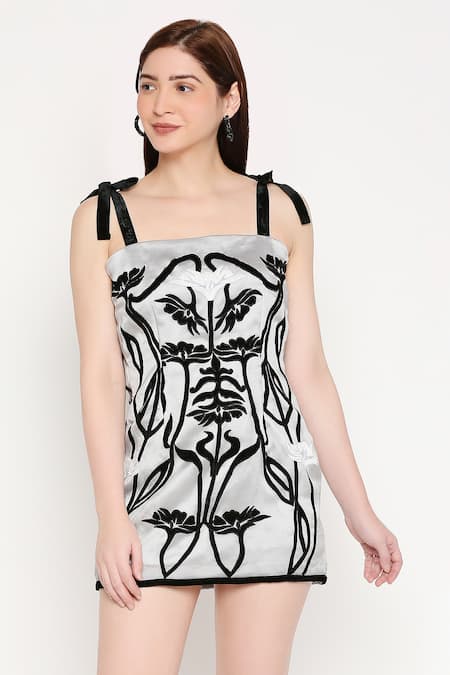 Shop Neha Gursahani Silver Organza Square Neck Embroidered Tie-up Dress Online at Aza Fashions Shop_Neha Gursahani_Silver Organza Square Neck Embroidered Tie-up Dress _Online_at_Aza_Fashions