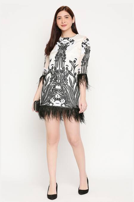 Neha Gursahani_White Organza Round Embroidered Feather Dress _Online_at_Aza_Fashions
