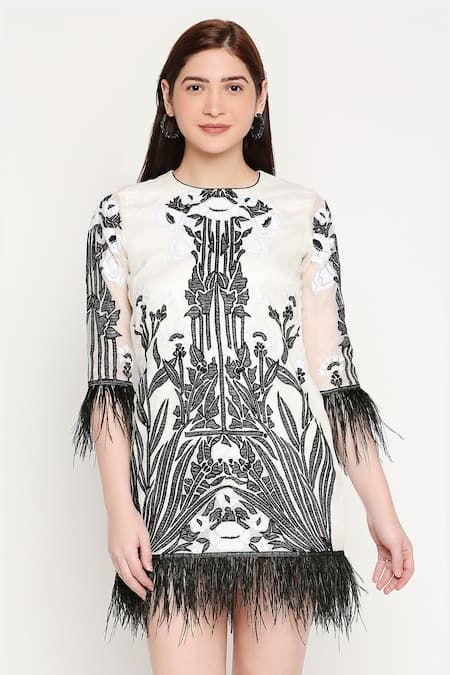 Buy_Neha Gursahani_White Organza Round Embroidered Feather Dress _Online_at_Aza_Fashions