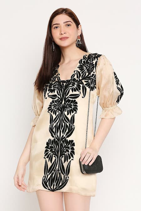 Neha Gursahani Beige Organza V Neck Embroidered Puff Sleeves Dress 