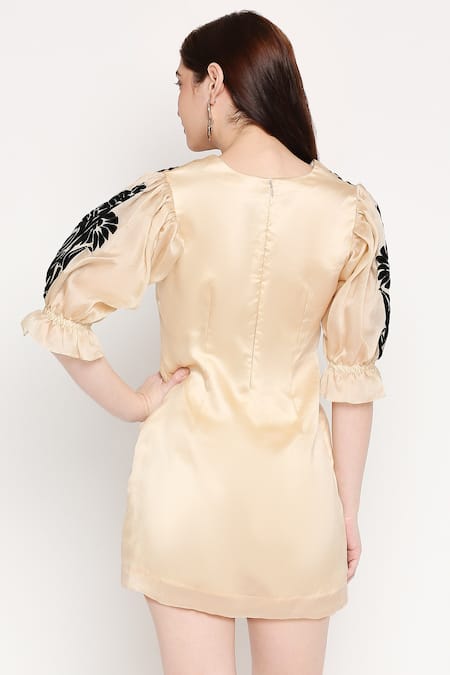 Shop Neha Gursahani Beige Organza V Neck Embroidered Puff Sleeves Dress at Aza Fashions Shop_Neha Gursahani_Beige Organza V Neck Embroidered Puff Sleeves Dress _at_Aza_Fashions