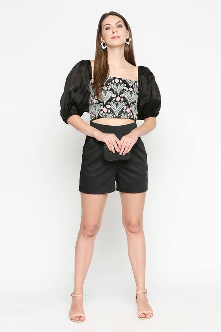 Neha Gursahani Black Corset Top Organza Shorts Mercerized Cotton Square Neck Embroidered And Online at Aza Fashions Neha Gursahani_Black Corset Top Organza Shorts Mercerized Cotton Square Neck Embroidered And _Online_at_Aza_Fashions