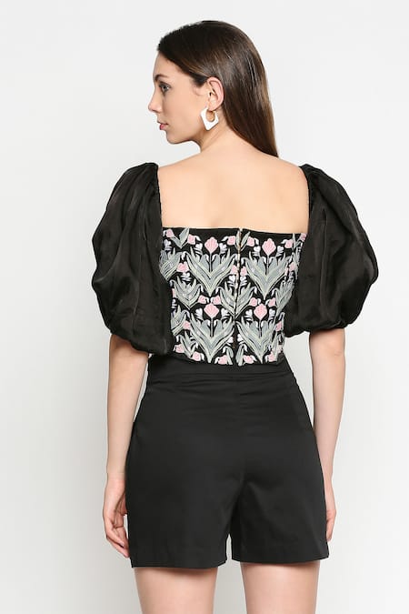 Shop Neha Gursahani Black Corset Top Organza Shorts Mercerized Cotton Square Neck Embroidered And at Aza Fashions Shop_Neha Gursahani_Black Corset Top Organza Shorts Mercerized Cotton Square Neck Embroidered And _at_Aza_Fashions