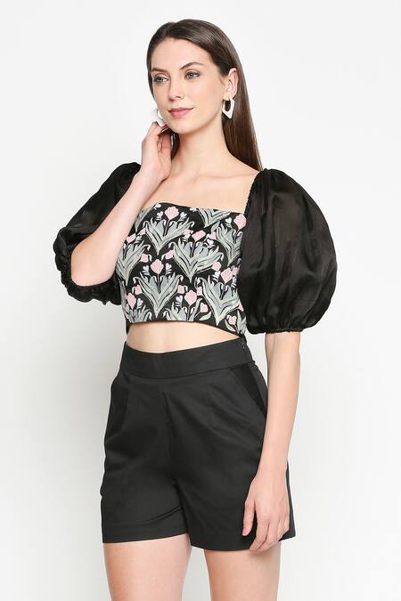 Buy Neha Gursahani Black Corset Top Organza Shorts Mercerized Cotton Square Neck Embroidered And Online at Aza Fashions Buy_Neha Gursahani_Black Corset Top Organza Shorts Mercerized Cotton Square Neck Embroidered And _Online_at_Aza_Fashions