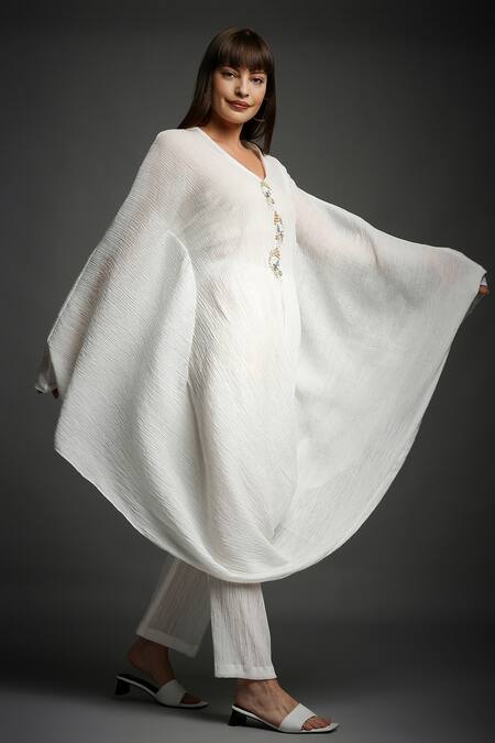 Shop Neha Gursahani White Crinkled Cotton V Neck Draped Top And Pant Set Online at Aza Fashions Shop_Neha Gursahani_White Crinkled Cotton V Neck Draped Top And Pant Set _Online_at_Aza_Fashions