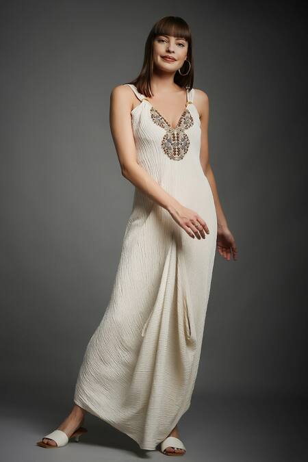 Buy Neha Gursahani White Crinkled Cotton Wooden Beads V Neck Hand Embroidered Draped Dress Online at Aza Fashions Buy_Neha Gursahani_White Crinkled Cotton Wooden Beads V Neck Hand Embroidered Draped Dress _Online_at_Aza_Fashions