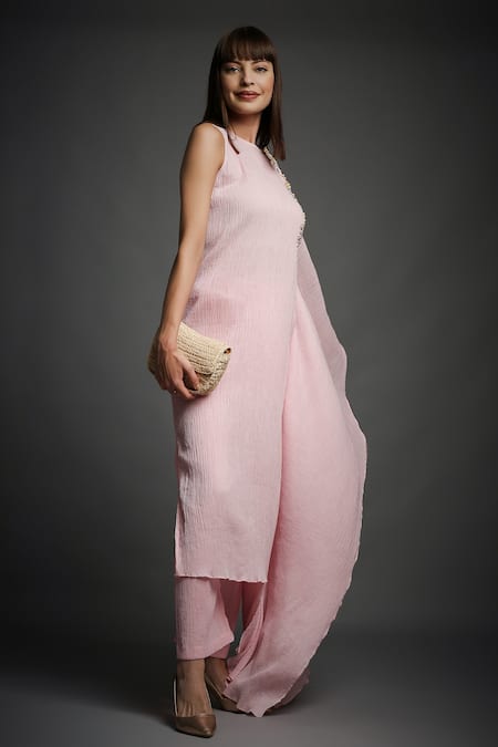 Neha Gursahani_Pink Crinkled Cotton Beads Round Neck Draped Sleeve Kaftan Tunic And Pant Set _Online_at_Aza_Fashions