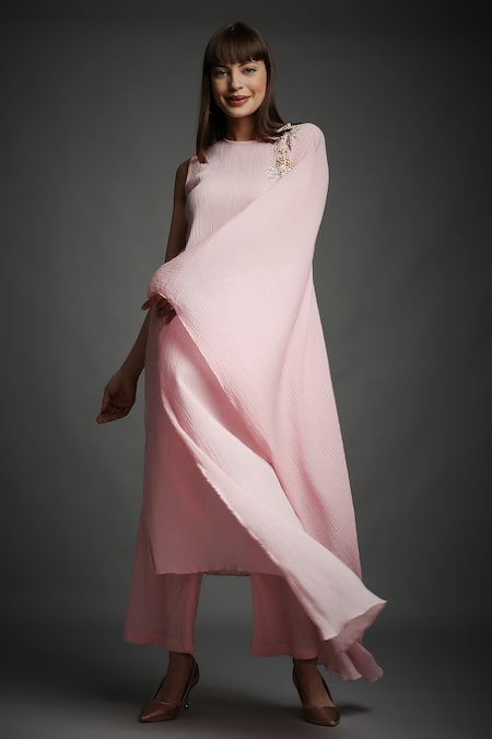 Buy_Neha Gursahani_Pink Crinkled Cotton Beads Round Neck Draped Sleeve Kaftan Tunic And Pant Set _Online_at_Aza_Fashions