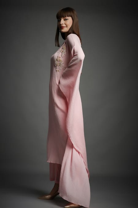 Shop_Neha Gursahani_Pink Crinkled Cotton Beads Round Neck Draped Sleeve Kaftan Tunic And Pant Set _Online_at_Aza_Fashions