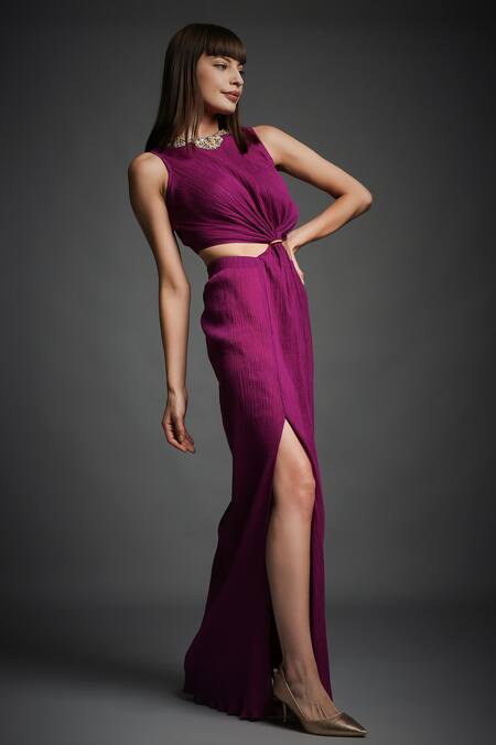 Neha Gursahani_Purple Crinkled Cotton Beads Round Neck Cutout Embroidered Dress _Online_at_Aza_Fashions