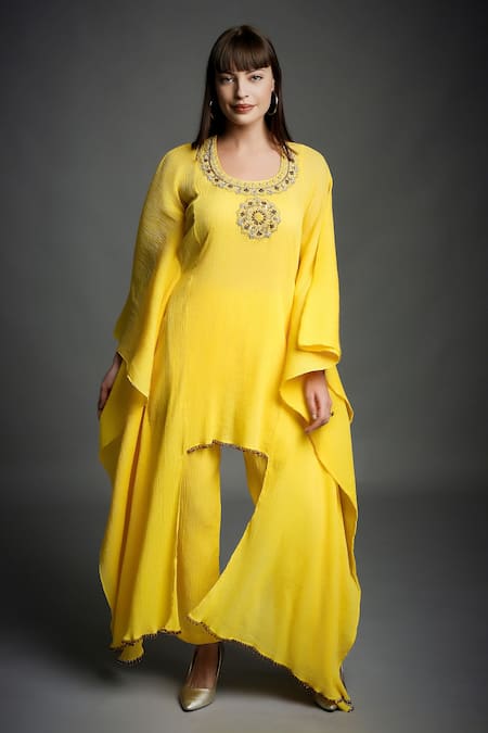 Neha Gursahani Yellow Crinkled Cotton Beads Round Neck Hand Embroidered Kaftan Tunic And Pant Set 
