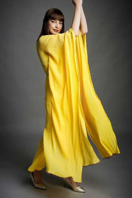 Neha Gursahani_Yellow Crinkled Cotton Beads Round Neck Hand Embroidered Kaftan Tunic And Pant Set _Online_at_Aza_Fashions