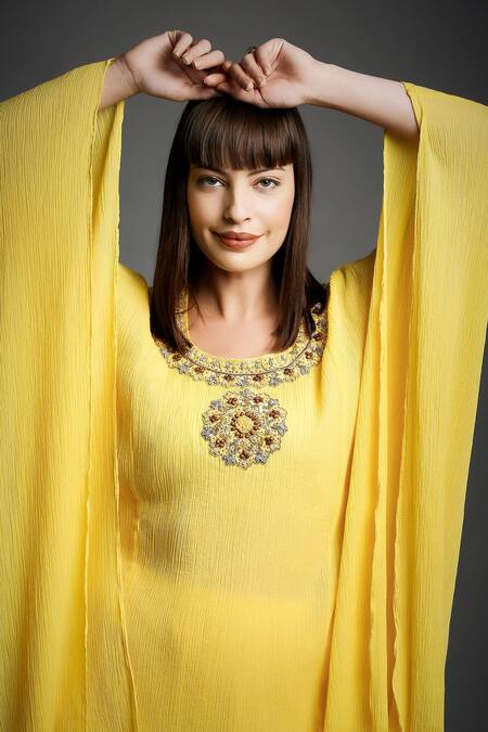 Neha Gursahani_Yellow Crinkled Cotton Beads Round Neck Hand Embroidered Kaftan Tunic And Pant Set _at_Aza_Fashions