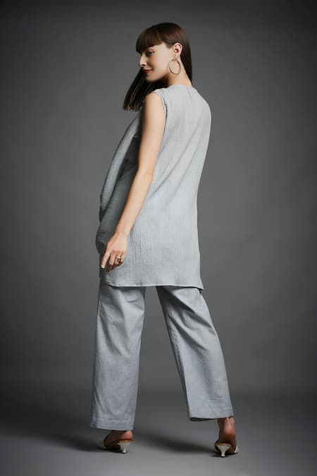 Shop_Neha Gursahani_Grey Crinkled Cotton V Neck Draped Tunic And Pant Set _at_Aza_Fashions