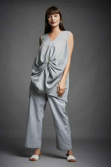 Buy_Neha Gursahani_Grey Crinkled Cotton V Neck Draped Tunic And Pant Set _Online_at_Aza_Fashions