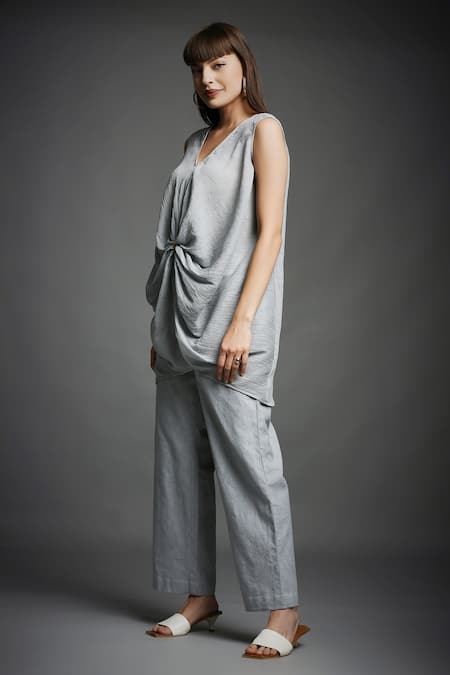Shop_Neha Gursahani_Grey Crinkled Cotton V Neck Draped Tunic And Pant Set _Online_at_Aza_Fashions