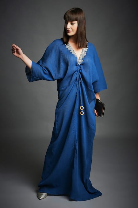 Neha Gursahani Blue Crinkled Cotton Beads V Neck Hand Embroidered Kaftan 